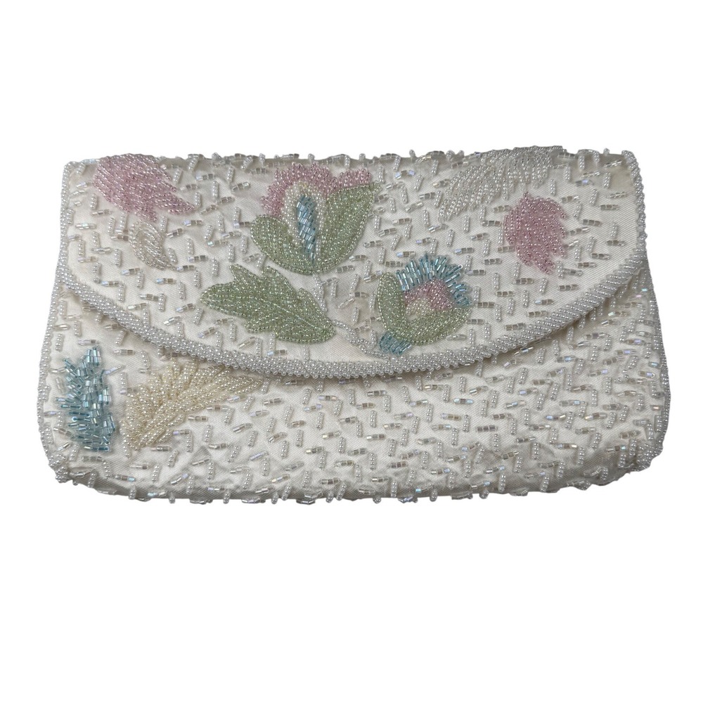 Andre Cellini Vintage Beaded Floral Clutch Cream Satin Evening Bag Pastel Floral